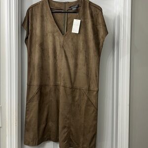 Brown Suede-Look V-Neck Dress